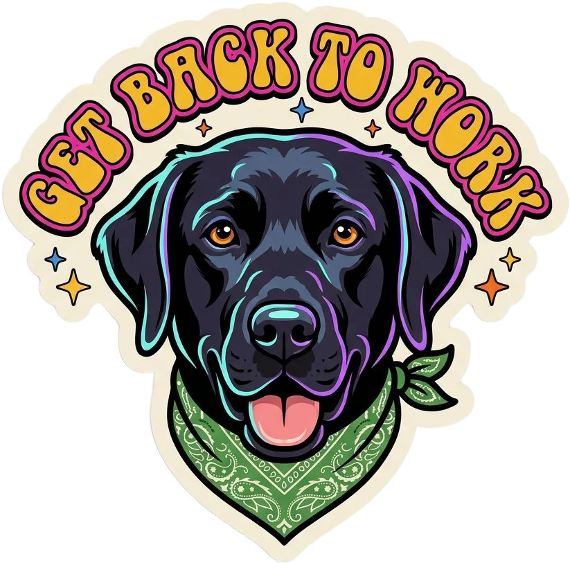 Pop art dog sticker: Get back to work
