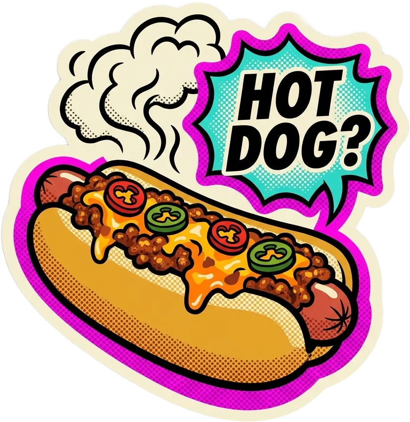 Pop art chili dog sticker: Hot dog?